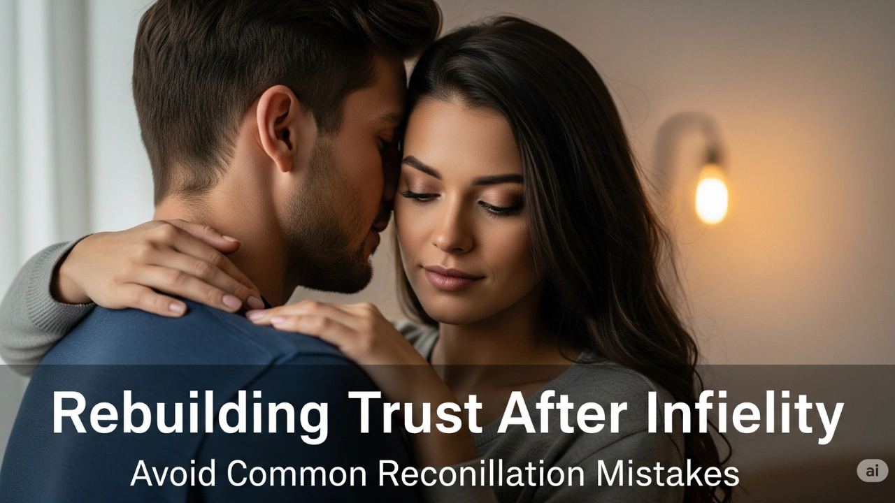 A couple embracing tenderly, symbolizing reconciliation and rebuilding trust after infidelity. Overlaid text reads 'Rebuilding Trust After Infidelity' and 'Avoid Common Reconciliation Mistakes,' highlighting the path to healing a marriage after cheating.