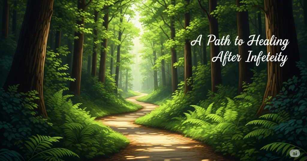 A winding path leading into a lush green forest, symbolizing the journey of healing and reconciliation after infidelity. The image includes the title 'A Path to Healing After Infidelity'.