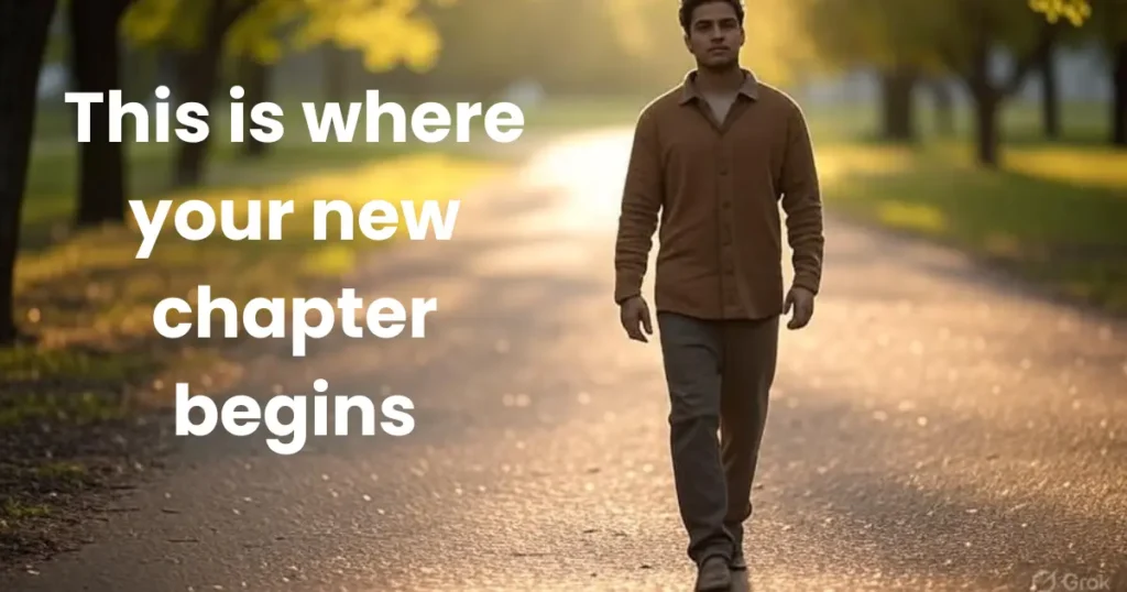 Person walking toward sunrise on an open path, symbolizing healing, new beginnings, and emotional growth after a breakup.