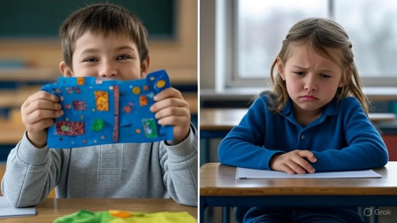 A split image of two school-age children: one smiling confidently holding a project, the other looking sad and withdrawn in a classroom — representing Erikson's Industry vs. Inferiority stage in personality development.