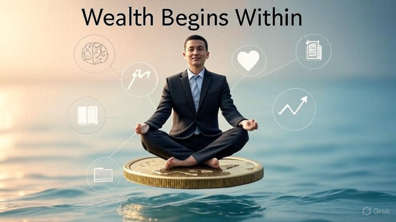 A professional person meditating on a golden coin, surrounded by icons of a brain, heart, graph arrow, and book, symbolizing mindset and personal growth for wealth; pastel background with the text ‘Wealth Begins Within’.