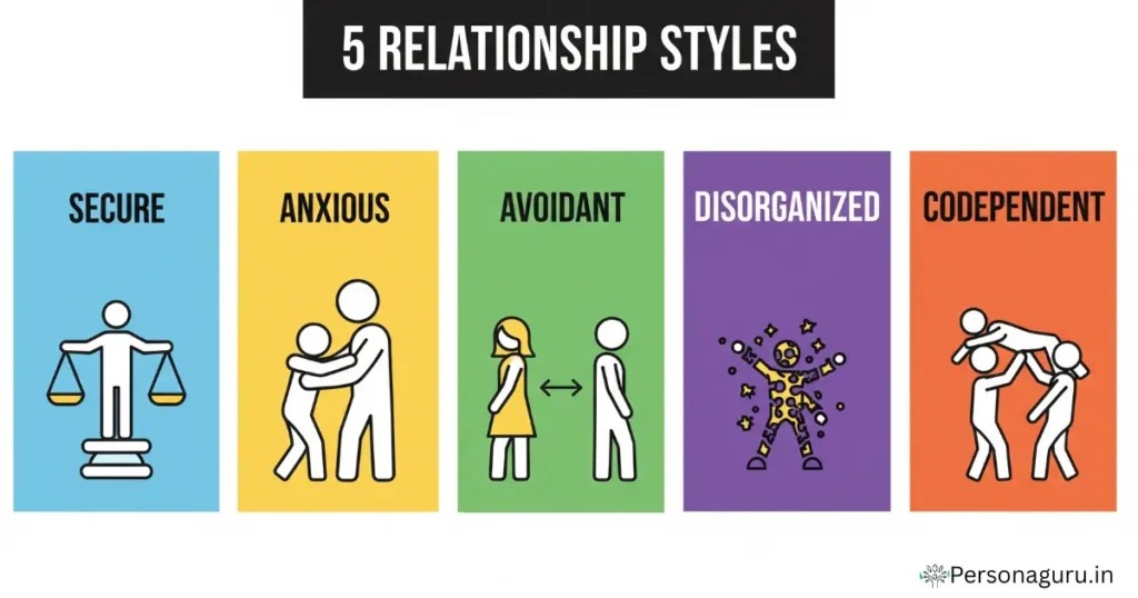 5 Relationship Styles: An infographic with five distinct panels showing visual metaphors for different relationship dynamics. The 'Secure' panel shows a balanced figure, 'Anxious' shows a figure clinging to another, 'Avoidant' shows two figures distant from each other, 'Disorganized' shows a fragmented and chaotic figure, and 'Codependent' shows one figure heavily supporting another.