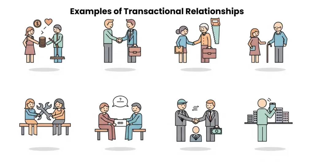 Illustration infographic showing eight examples of transactional relationships, including romantic couples exchanging money and chores, colleagues sharing job leads, family caring with inheritance expectations, friends borrowing tools, friends with benefits, business employer-employee payment, political endorsements, and social media transactional dating.