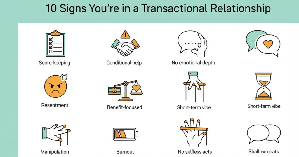 Infographic listing 10 signs of a transactional relationship, including score-keeping, conditional help, and no emotional depth, with simple icons and text in a clean, modern design.
