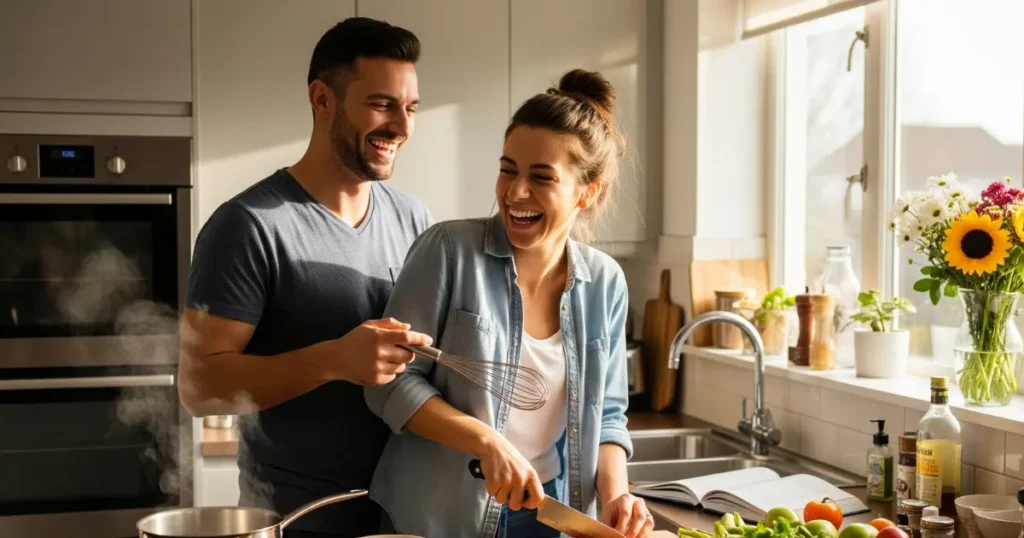 A happy married couple sharing a playful moment in a cozy kitchen, illustrating how to spice up your marriage through everyday love and connection.

