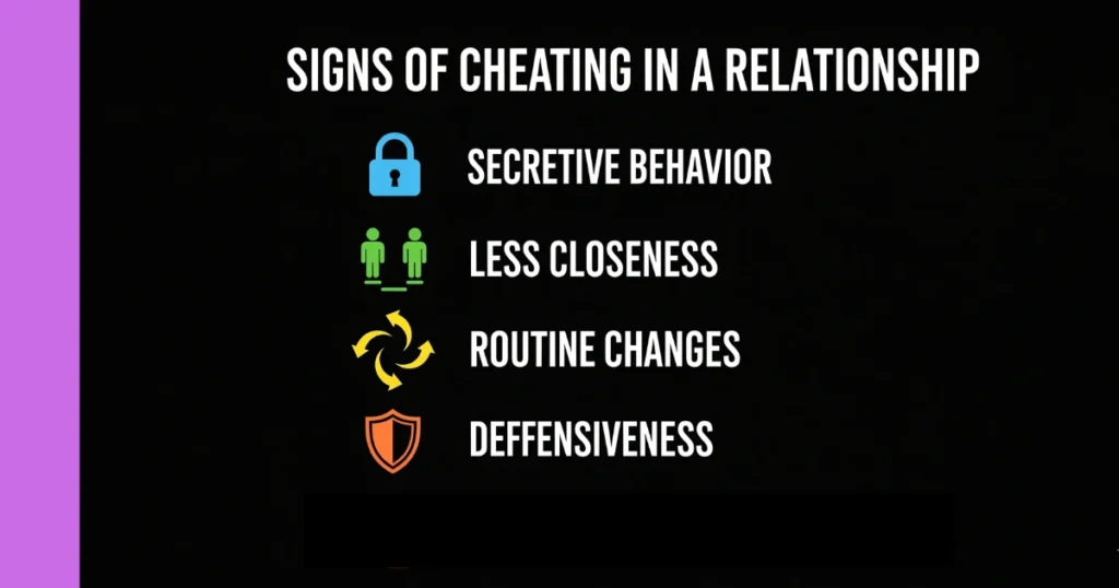 Infographic highlighting common signs of cheating in a relationship such as secretive behavior, emotional distance, routine changes, defensiveness, and seeking emotional support outside the partnership, with clear icons and bold text.