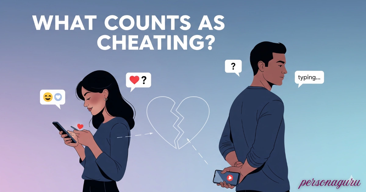 Digital illustration showing a couple with subtle distance symbolizing trust issues, surrounded by icons representing emotional, digital, and physical cheating in a relationship.