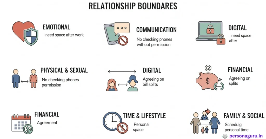 Infographic illustrating practical examples of boundaries in a relationship, including emotional, communication, digital, physical & sexual, financial, time & lifestyle, and family & social boundaries.
