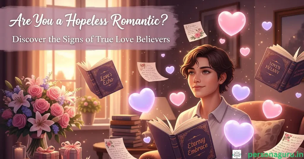 Dreamy scene of a person surrounded by hearts, romantic books, and love notes, symbolizing the classic signs of a hopeless romantic who believes in soulmates and grand romantic gestures