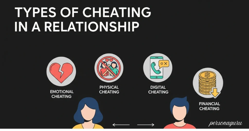 Infographic style digital illustration showing four types of cheating in relationships—physical, emotional, digital, and financial—with clear icons and bold, legible text.