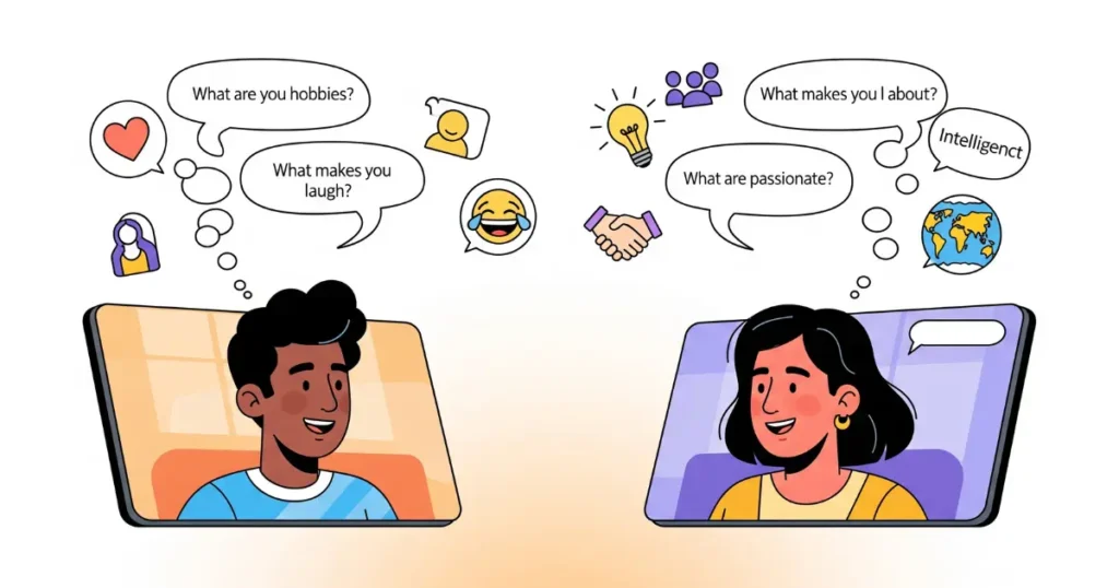 A digital illustration showing two individuals video chatting on separate screens. Speech bubbles above them contain various questions like "What are your hobbies?", "What makes you laugh?", "What makes you about?", "What are passionate?". Around the bubbles are small icons representing different qualities such as a heart, a person's profile, a lightbulb, a handshake, and a laughing emoji. The image emphasizes early communication and observation in relationships.