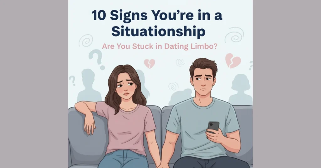 Illustration of a young couple sitting close but emotionally distant and confused, symbolizing unclear relationship status and mixed signals typical in a situationship.