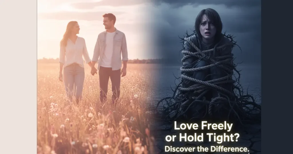 Horizontal image showing the difference between love and attachment: a couple holding hands warmly in a sunlit field on one side, and a person bound by dark ropes on the other, symbolizing emotional freedom versus controlling attachment.