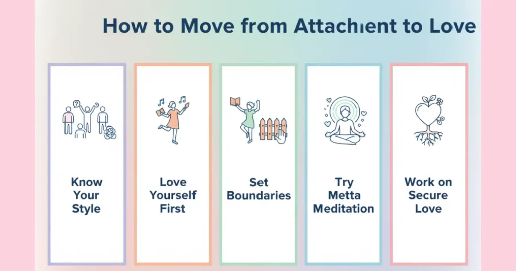 Infographic illustrating 5 steps to transition from attachment to love: knowing your attachment style, practicing self-love, setting healthy boundaries, trying Metta meditation, and working toward secure love. Includes icons representing each step with soft pastel color scheme for calmness and growth.