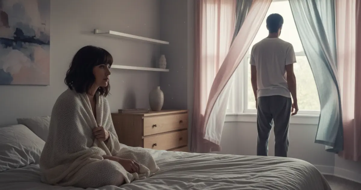 Woman sitting alone on a sofa in a softly lit living room, gazing out window, symbolic wedding photo nearby, conveying emotional distance in a long-term marriage.