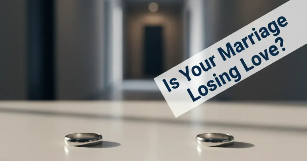 Two wedding rings placed apart on a table, symbolizing separation, representing signs your husband stopped loving you in a long-term marriage.