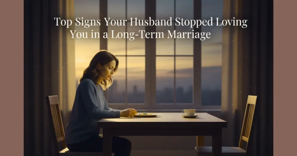 Woman sitting alone at dining table at dusk, contemplative and solemn, representing top signs your husband stopped loving you in a long-term marriage.