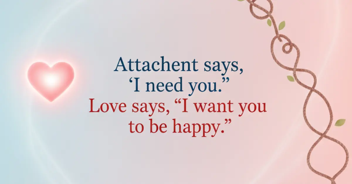 Quote on love vs attachment with warm and calm background: "Attachment says, ‘I need you.’ Love says, ‘I want you to be happy.’" Text over soft blended pink and blue gradient background symbolizing emotional contrast.