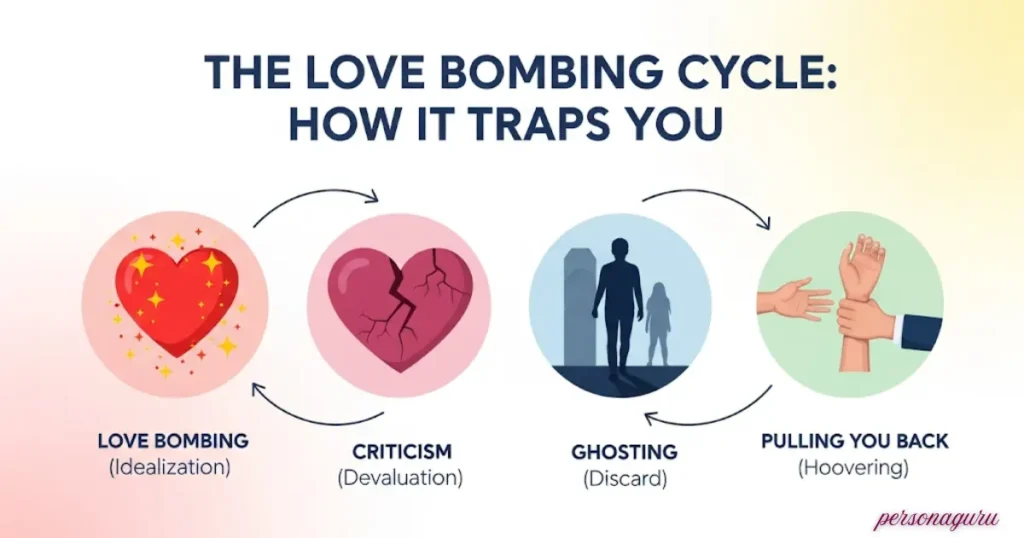 Infographic illustrating what is love bombing in a relationship, showing the four-step cycle: idealization, criticism, ghosting, and pulling back (hoovering) with clear icons and labels