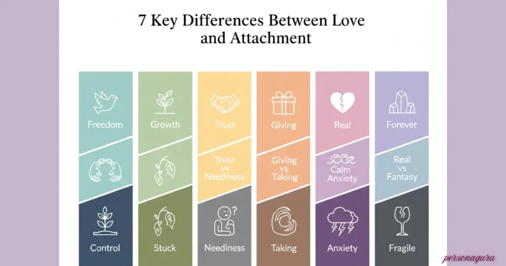 Infographic showing 7 contrasting signs of love vs attachment: freedom vs control, growth vs stuck, trust vs neediness, giving vs taking, calm vs anxiety, real vs fantasy, forever vs fragile.