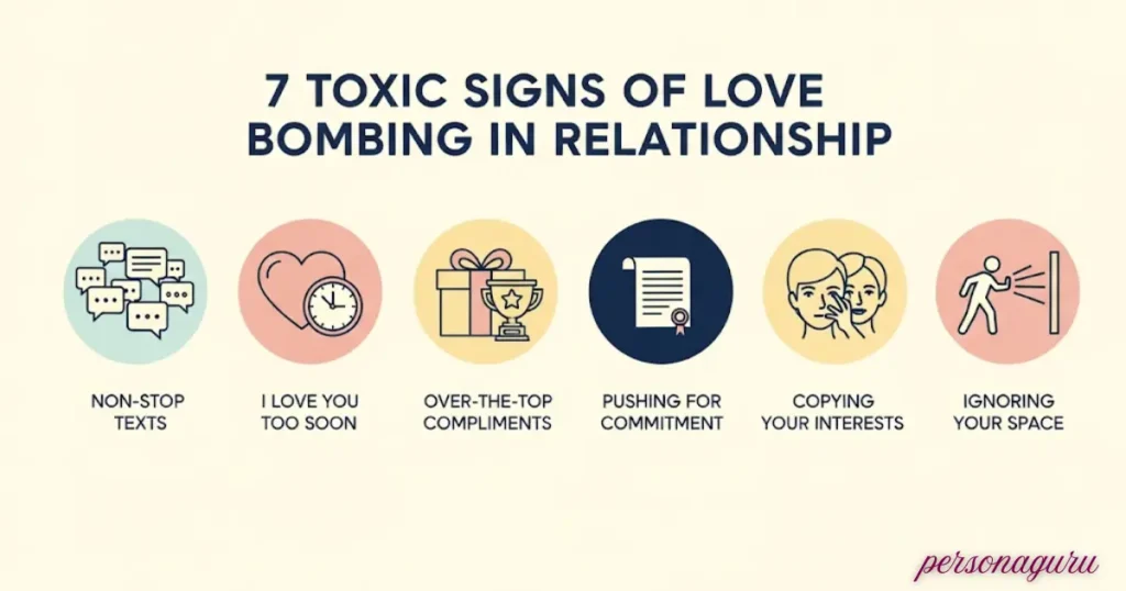 Infographic showing 7 toxic love bombing signs in a relationship with icons for nonstop texts, early ‘I love you’, big gifts, compliments, pushing commitment, copying interests, and ignoring personal space