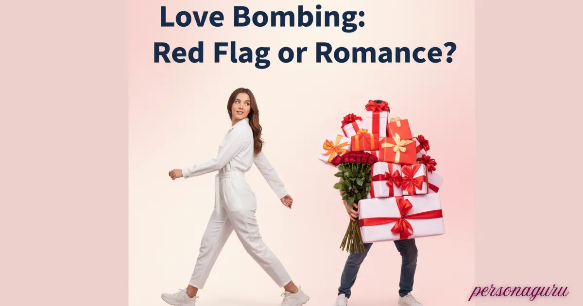 Woman distancing herself from man holding gifts, love bombing visual