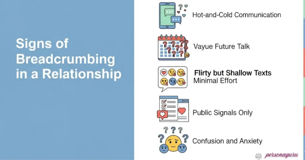 Infographic illustrating 7 red flags of breadcrumbing in relationships, including hot-and-cold communication, vague future talk, shallow texts, and public-only social media signals.