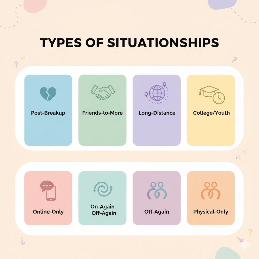 "Infographic illustrating 7 types of situationships: Post-Breakup, Friends-to-More, Long-Distance, College/Youth, Online-Only, On-Again Off-Again, Physical-Only with icons and pastel colors, for relationship blog."