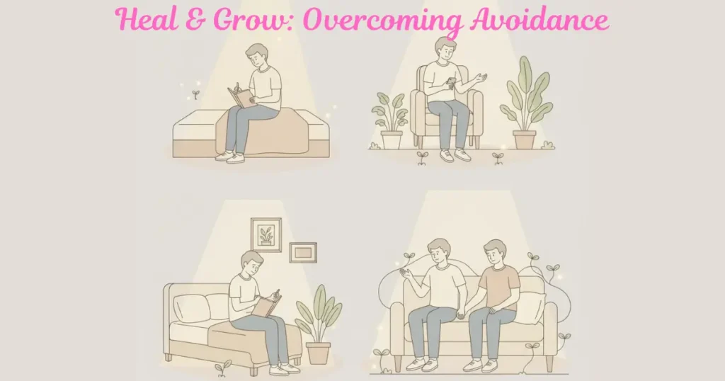 Illustration depicting emotional healing, journaling, therapy, and supportive relationships for dismissive avoidant attachment.