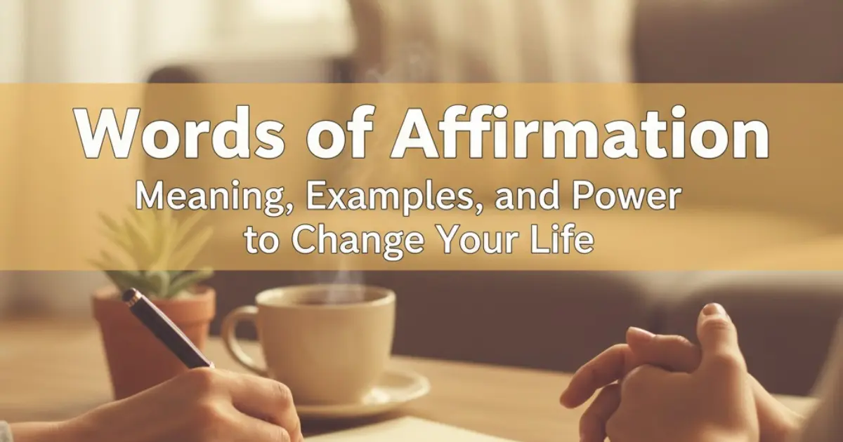 Cozy home setting with soft lighting, showing a person writing "Words of Affirmation" on paper, a tea mug, and a plant.