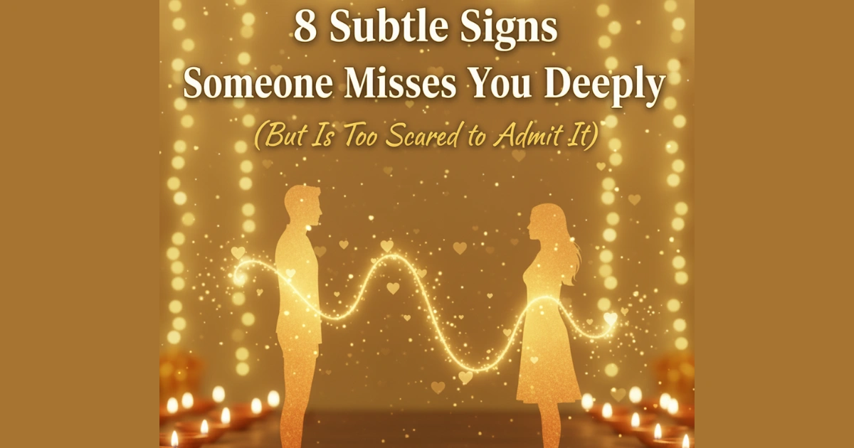 Two silhouettes connected by a glowing thread symbolizing hidden emotional bond and silent longing, with warm festive background and text overlay “8 Subtle Signs Someone Misses You Deeply.”