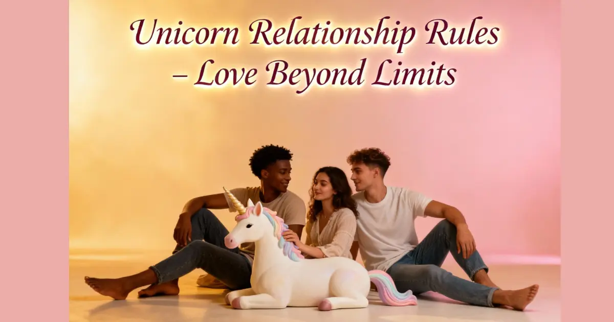 Illustration of a happy triad couple with a third partner symbolizing a unicorn relationship, with text “Unicorn Relationship Rules – Love Beyond Limits,” representing equality, trust, and emotional connection.