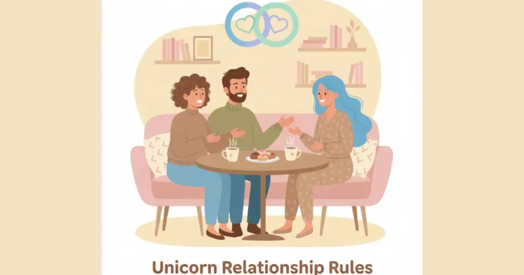 Illustration of a happy trio following Unicorn Relationship Rules with trust, equality, and open communication