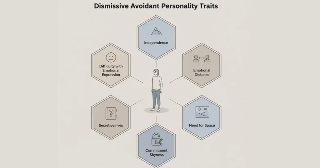 Infographic depicting main traits of dismissive avoidant personality style such as emotional distance, independence, secretiveness, and commitment avoidance.