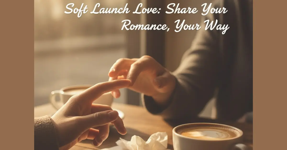 Subtle coffee shop moment hinting at a soft launch relationship in warm tones with two cups and mysterious hands