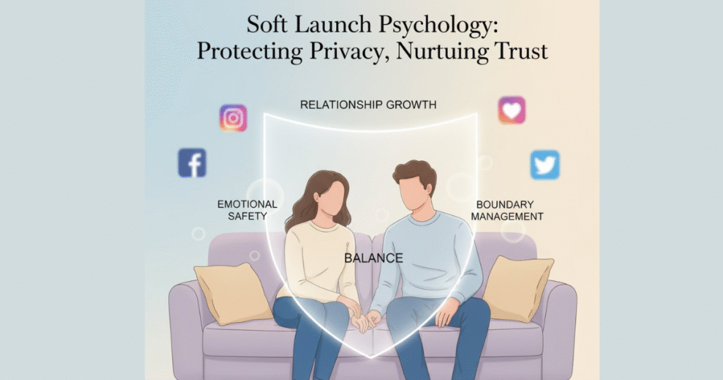 Couple showing emotional safety and boundary management in a soft launch relationship with subdued social media icons, symbolizing privacy and balanced sharing