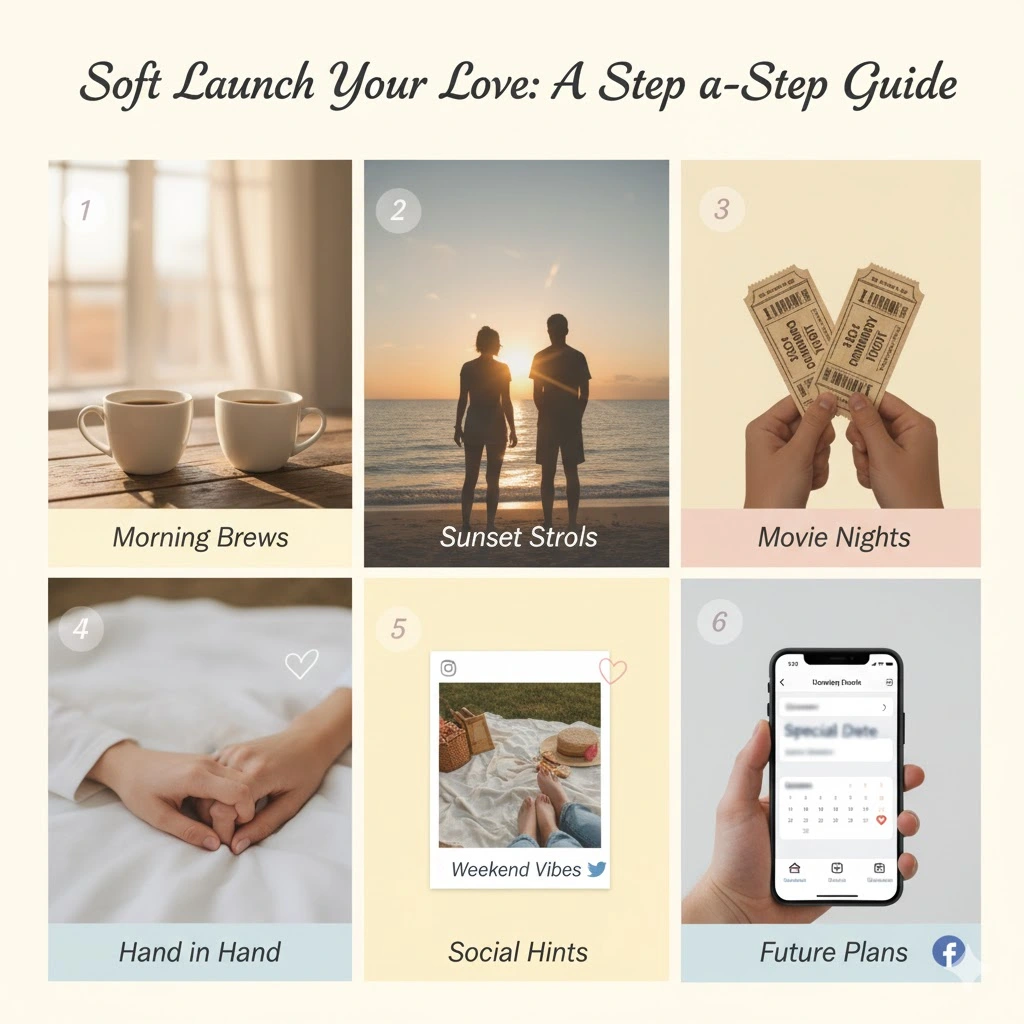 Visual guide to soft launching a relationship on social media with subtle romantic hints and platform icons