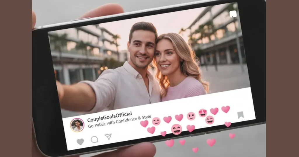 Horizontal clear selfie of a smiling couple sitting close together, shown on a smartphone screen with visible social media interface and heart reactions overlay, bright and authentic