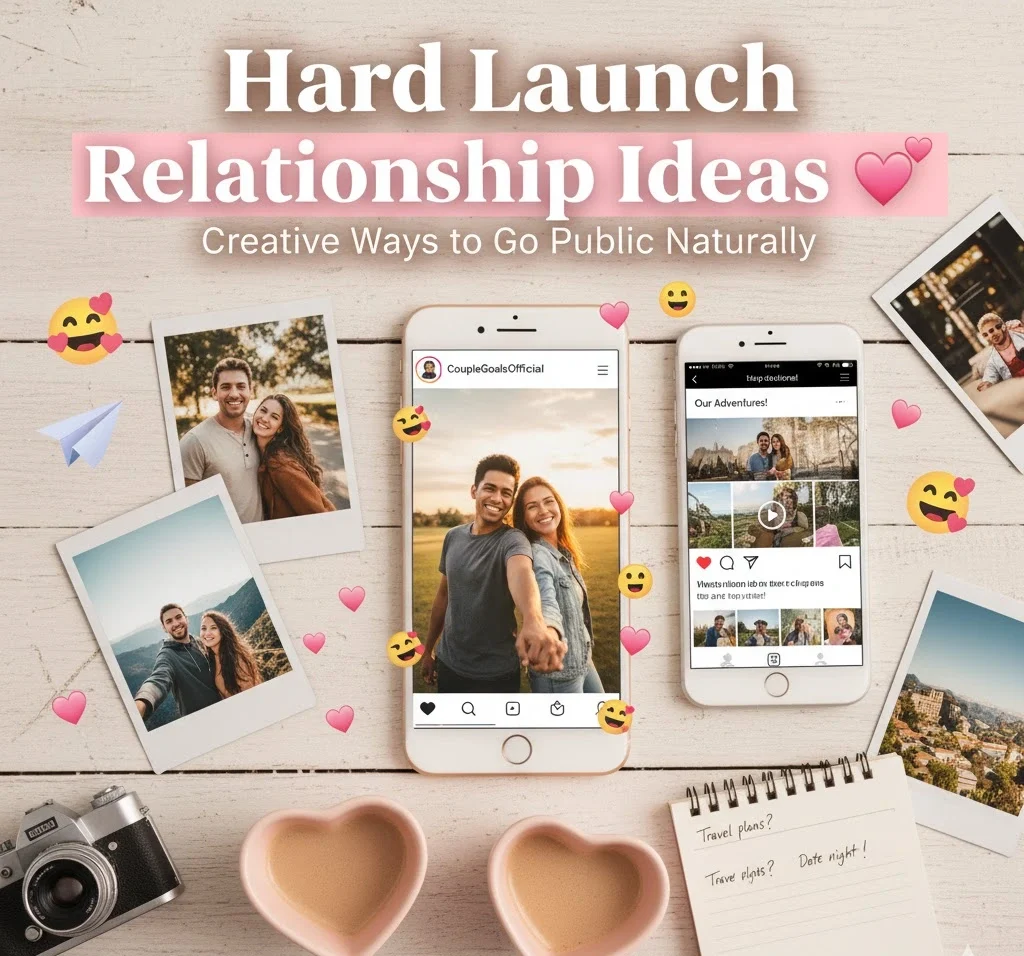 Flat lay collage showing creative hard launch relationship ideas such as photo dumps, couple selfies, video recaps, joint posts, and caption ideas for going public.