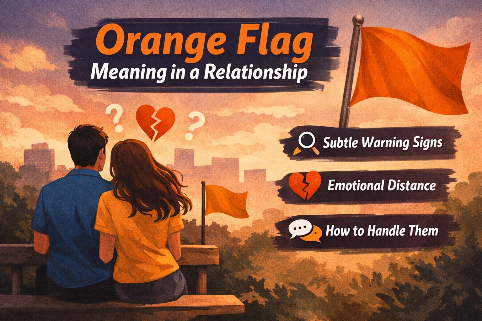 orange flag meaning in a relationship showing subtle warning signs, emotional distance, and communication issues between a couple