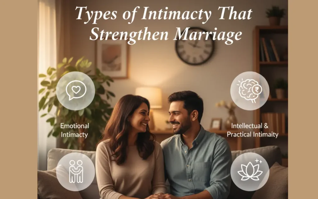 Married couple illustration with icons showing emotional, physical, intellectual, practical, and spiritual intimacy that strengthen marriage