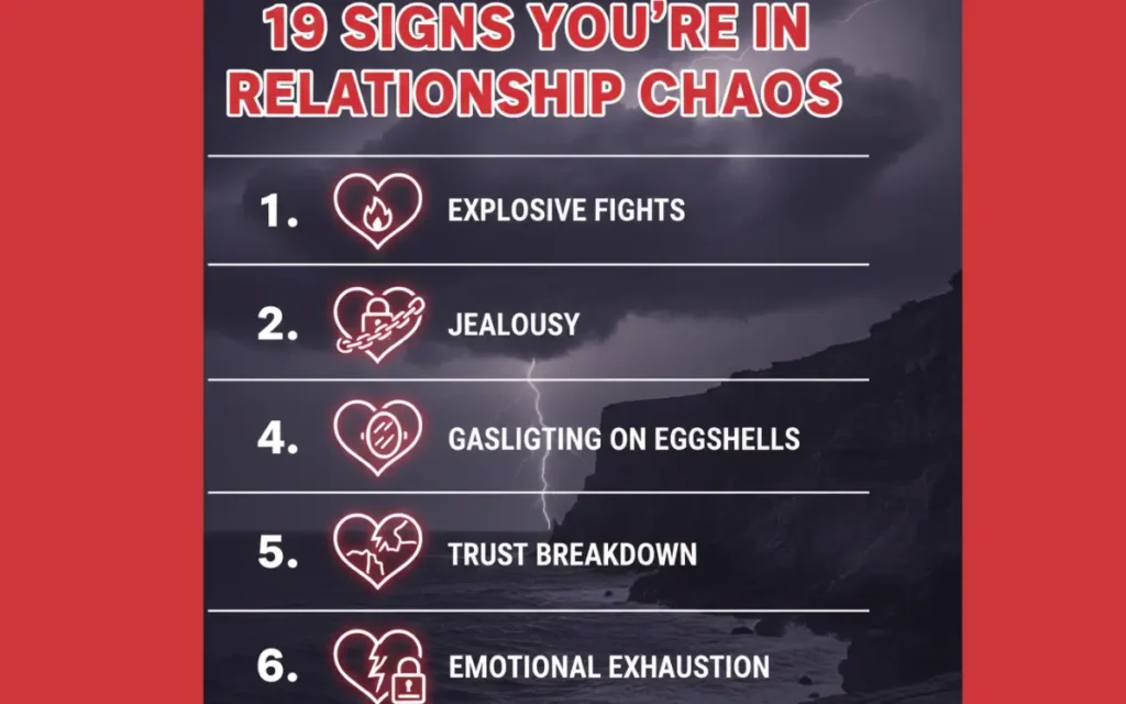 Vertical infographic listing 6 top signs of tumultuous relationship (fights, jealousy, gaslighting) with cracked hearts on stormy background for personaguru.in (SEO: tumultuous relationship signs)