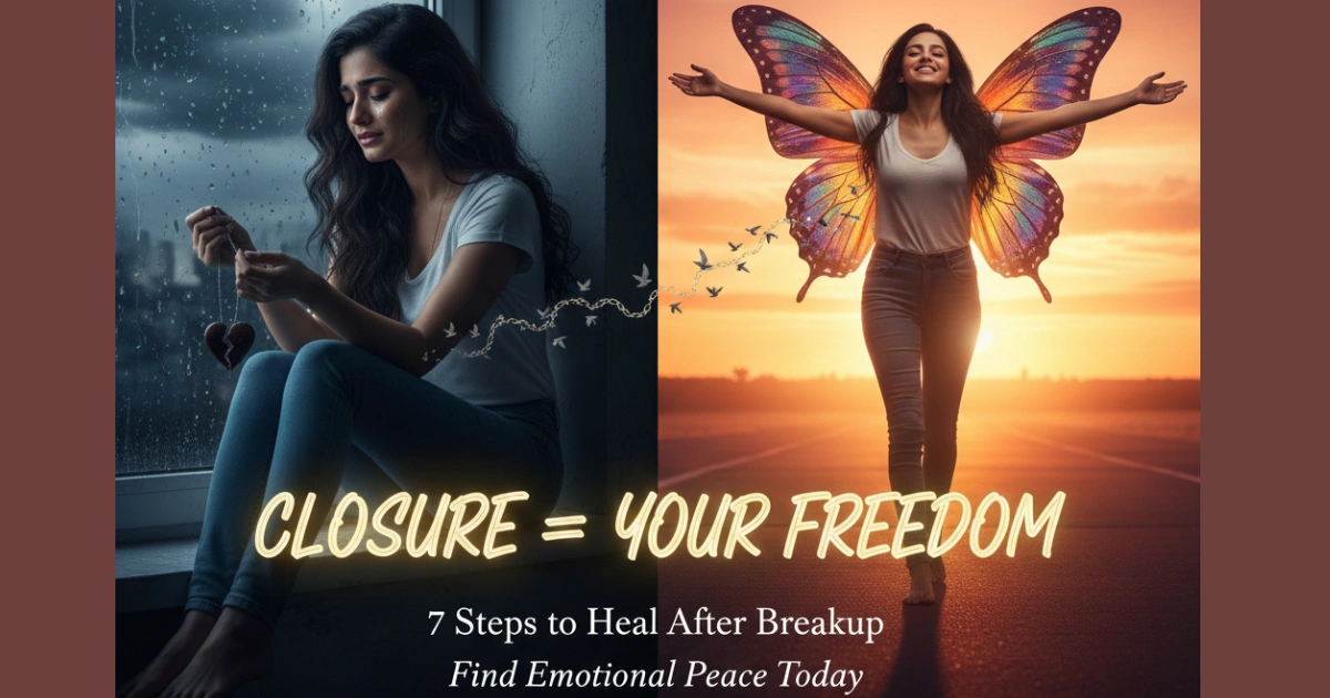 Split path closure meaning in relationship image - heartbroken woman transforms into confident empowered self walking towards sunrise, emotional healing after breakup journey, 7 steps to get closure in relationship,