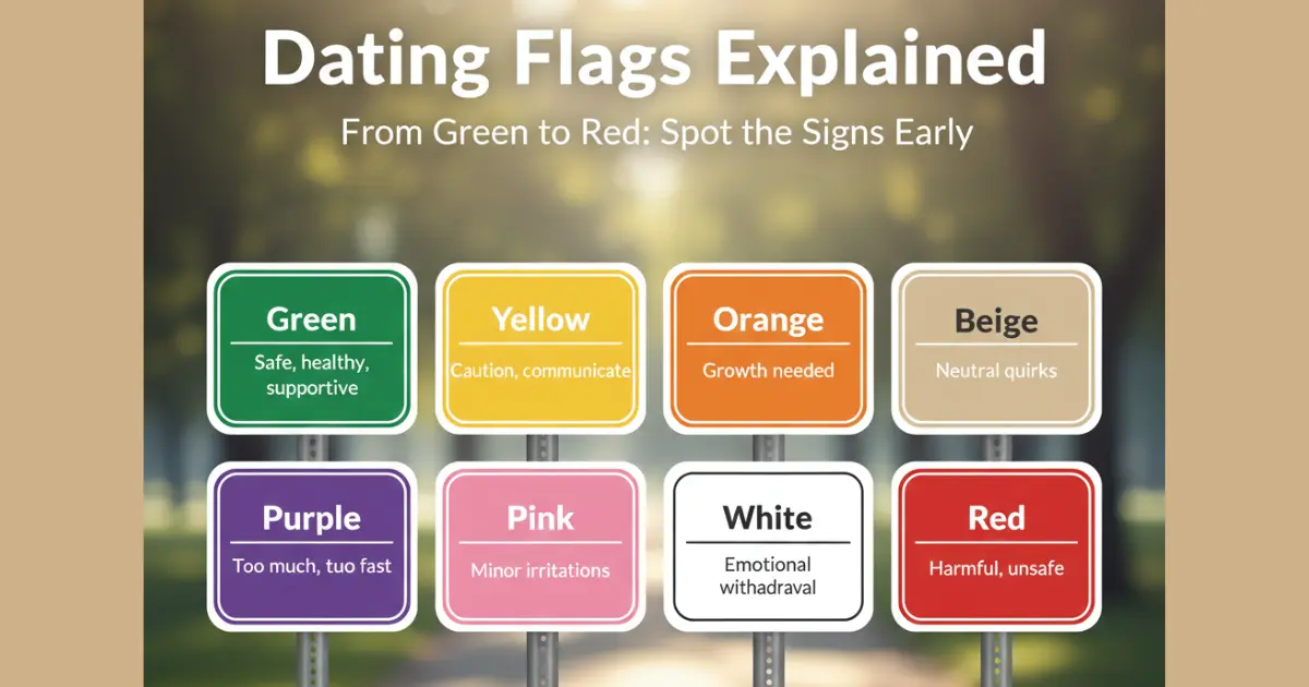 Dating flags explained with green yellow orange beige purple pink white and red signs showing healthy caution quirky intense minor withdrawal and harmful relationship signals