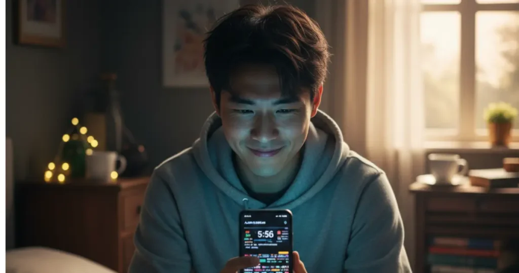 Man looking at phone, endless tabs, beige flag example