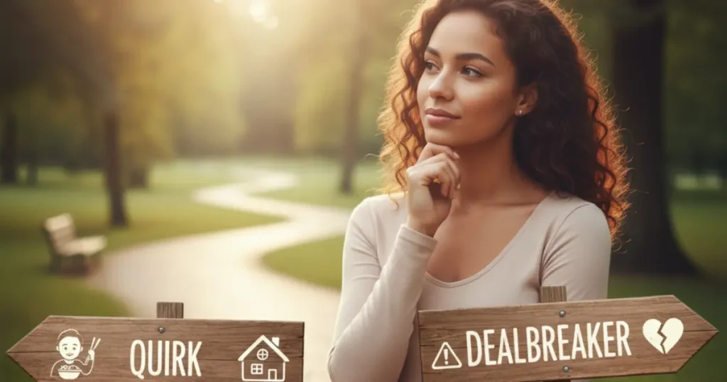 Woman pondering beige flag, relationship choices, quirk or dealbreaker