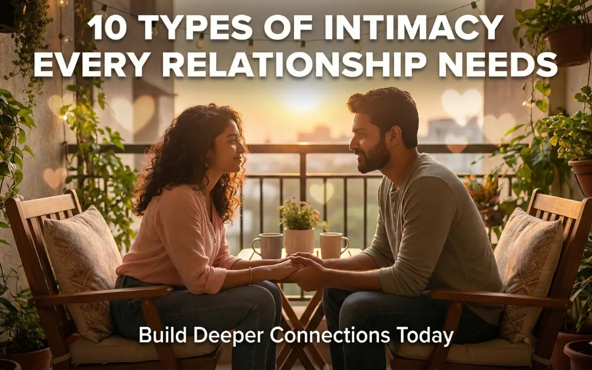 Illustration of couple building emotional intimacy through deep eye contact, representing 10 types of closeness in love.