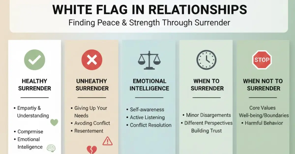 White flag meaning in a relationship infographic showing healthy vs unhealthy surrender and emotional balance