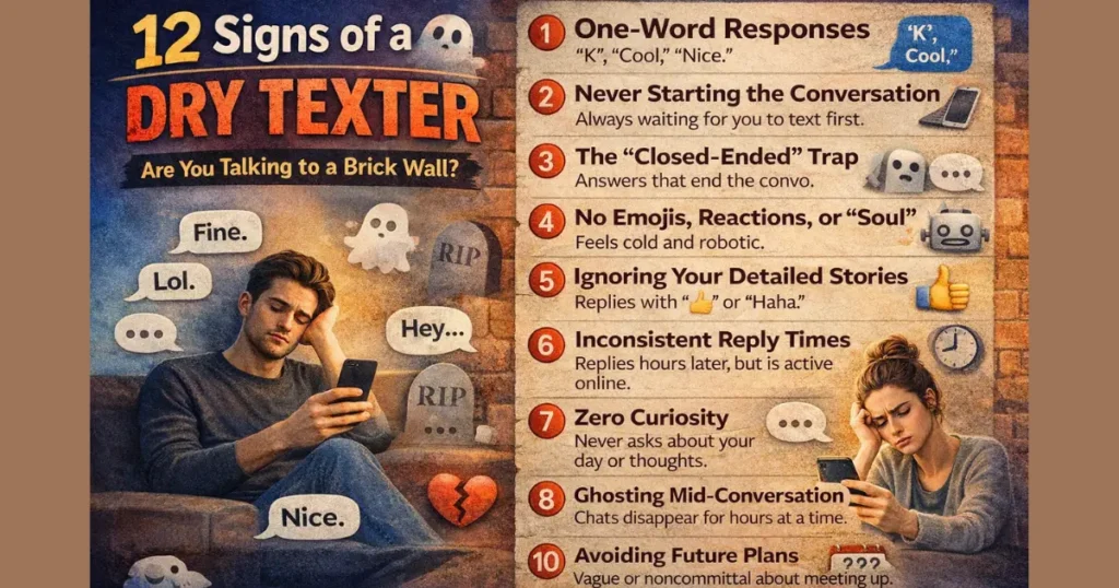 12 signs of a dry texter infographic showing dry texting in a relationship, one-word replies, ghosting, emotional flatness, and lack of effort in texting