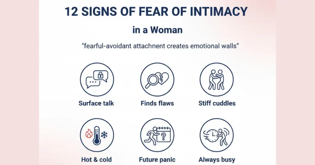12 signs of fear of intimacy in a woman infographic showing surface talk, finding flaws, stiff cuddles, hot and cold behavior, future panic, always busy - fearful-avoidant attachment emotional walls personaguru.in